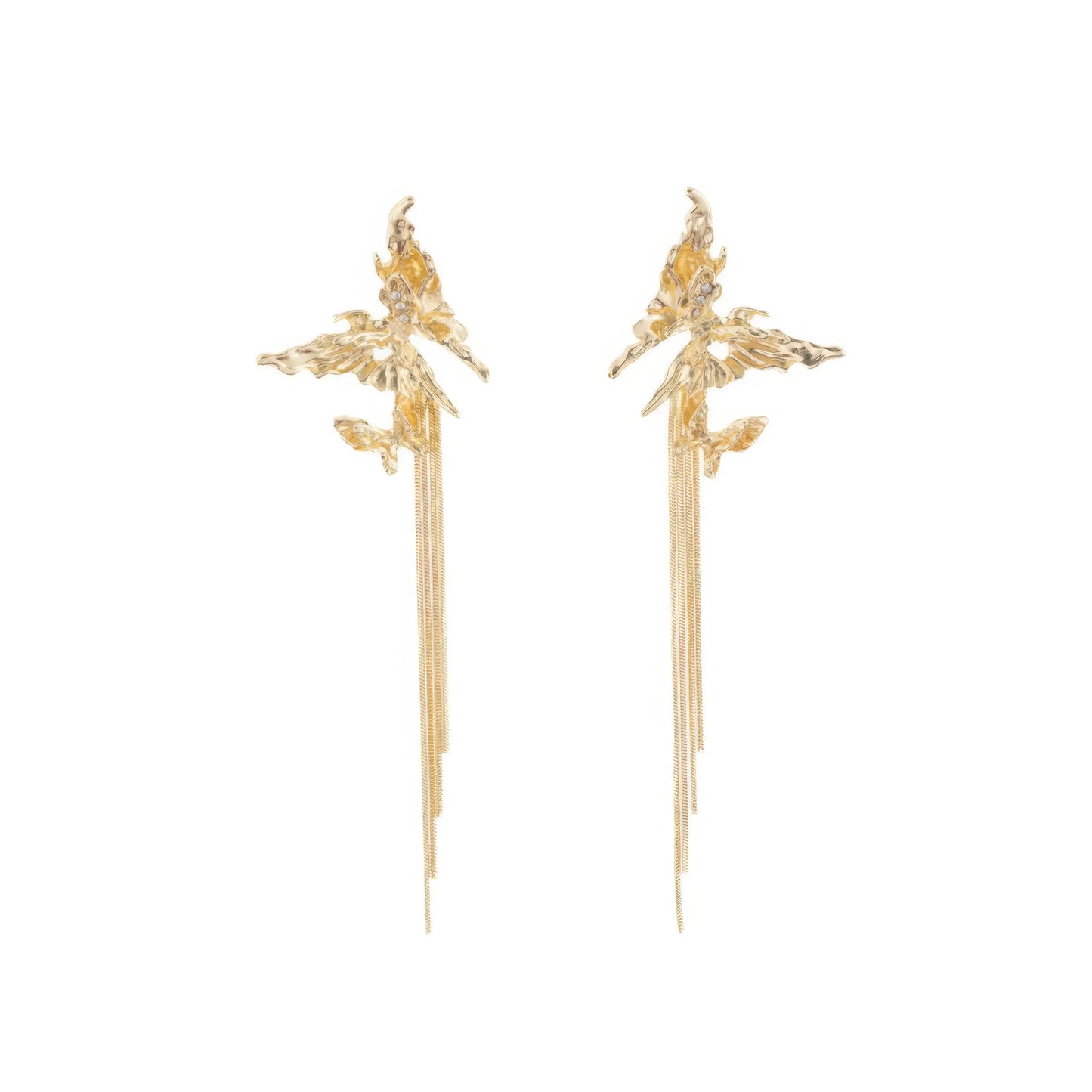Pair of gold butterfly tassel earrings on white background