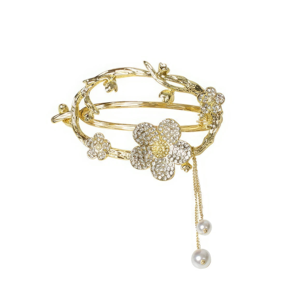 Gold rhinestone flower hair clip with tassel isolated on white background