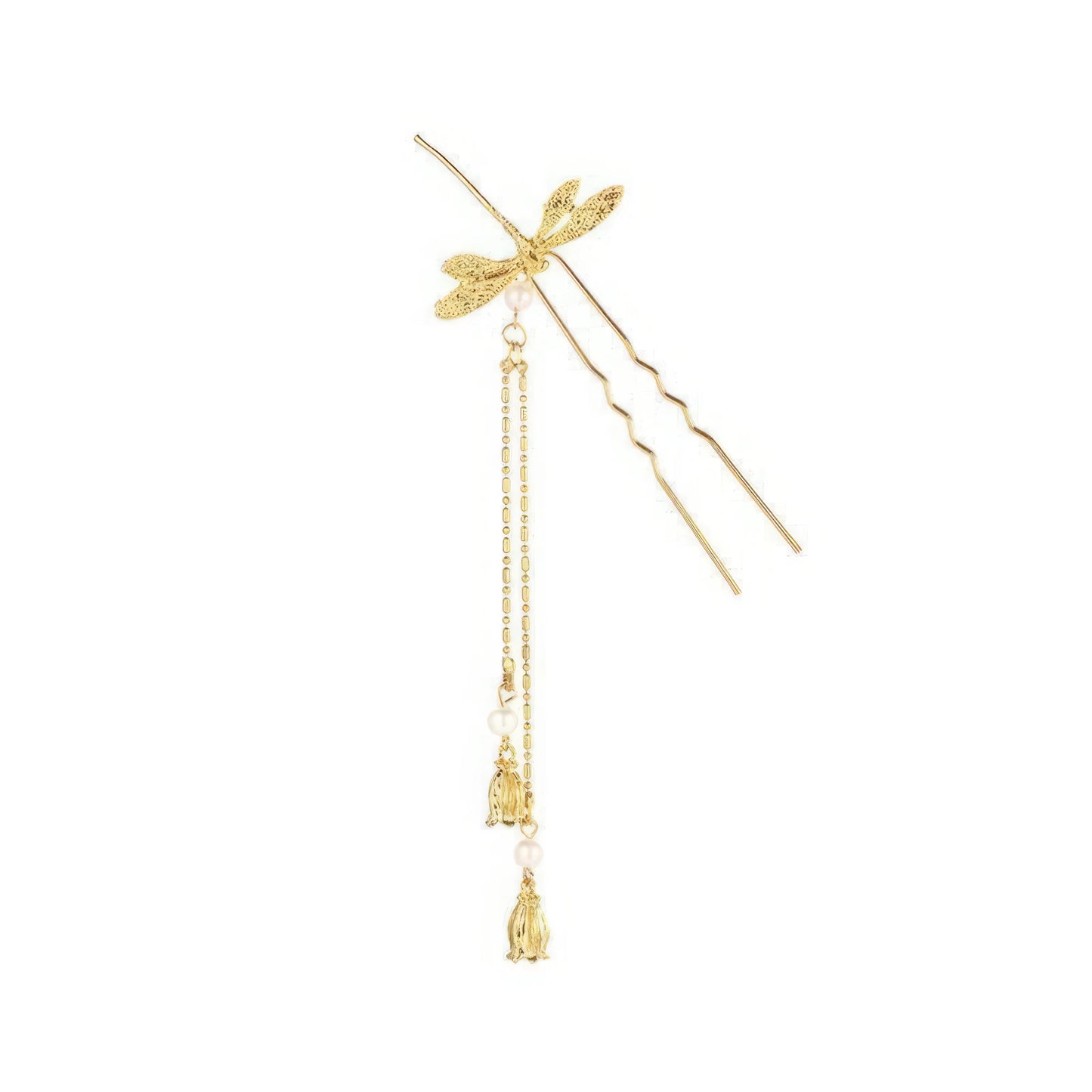 Golden dragonfly U-hairpin side view, showcasing tassel detail