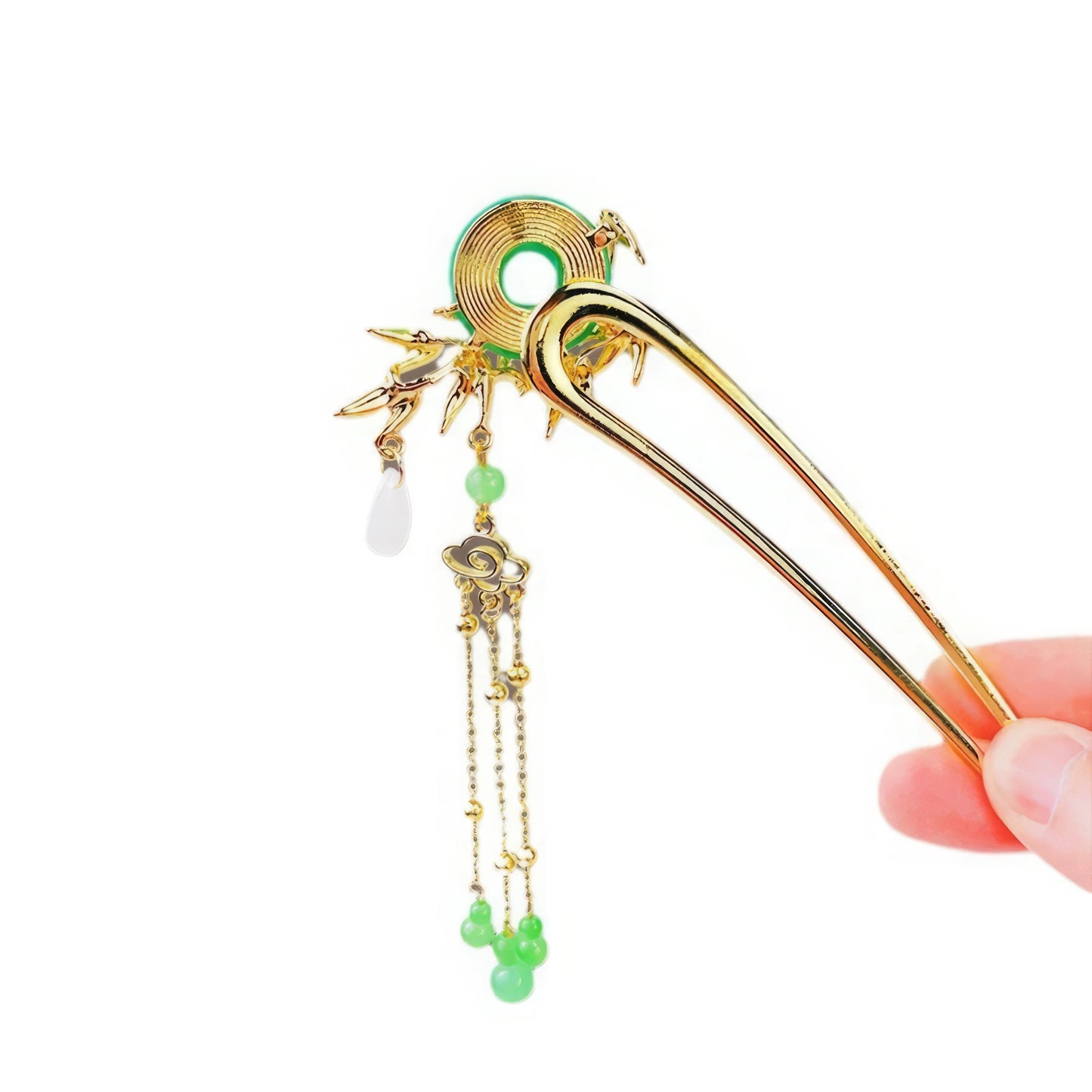 Bottom view of the golden peace buckle hairpin, highlighting the golden chains and beads