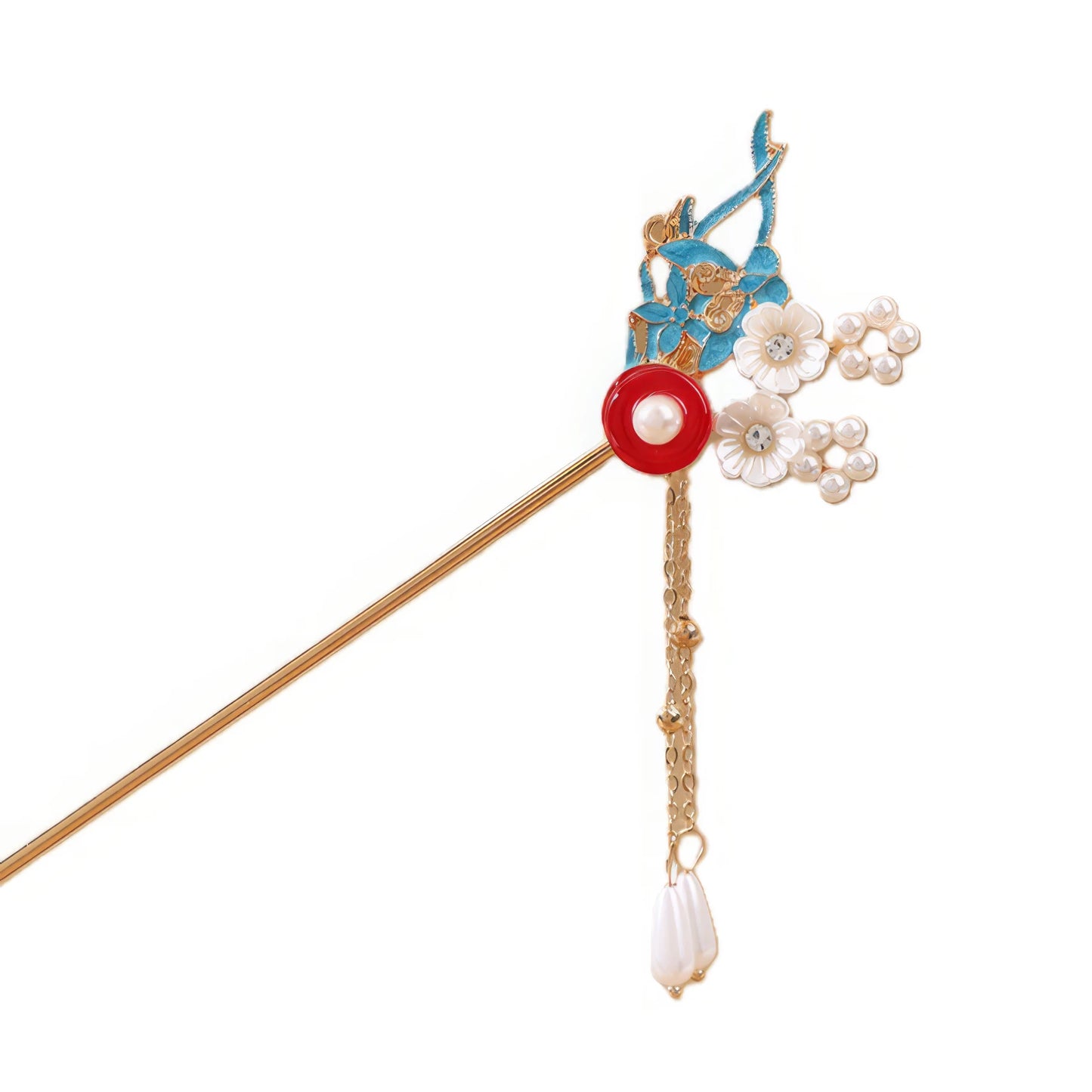 Huashaoye hairpin with blue flower, red pearl and white blossom