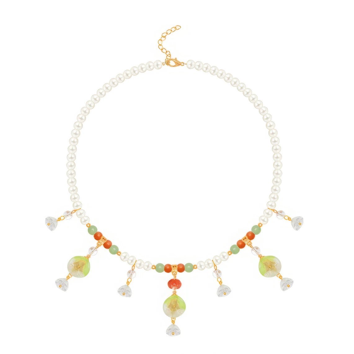 Lotus leaf and pumpkin necklace with pearls and colorful beads, isolated on white background