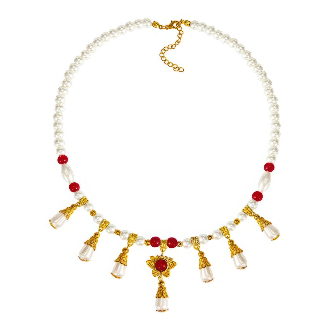 Luo Yue necklace with pearls, red beads and gold details, isolated on white background