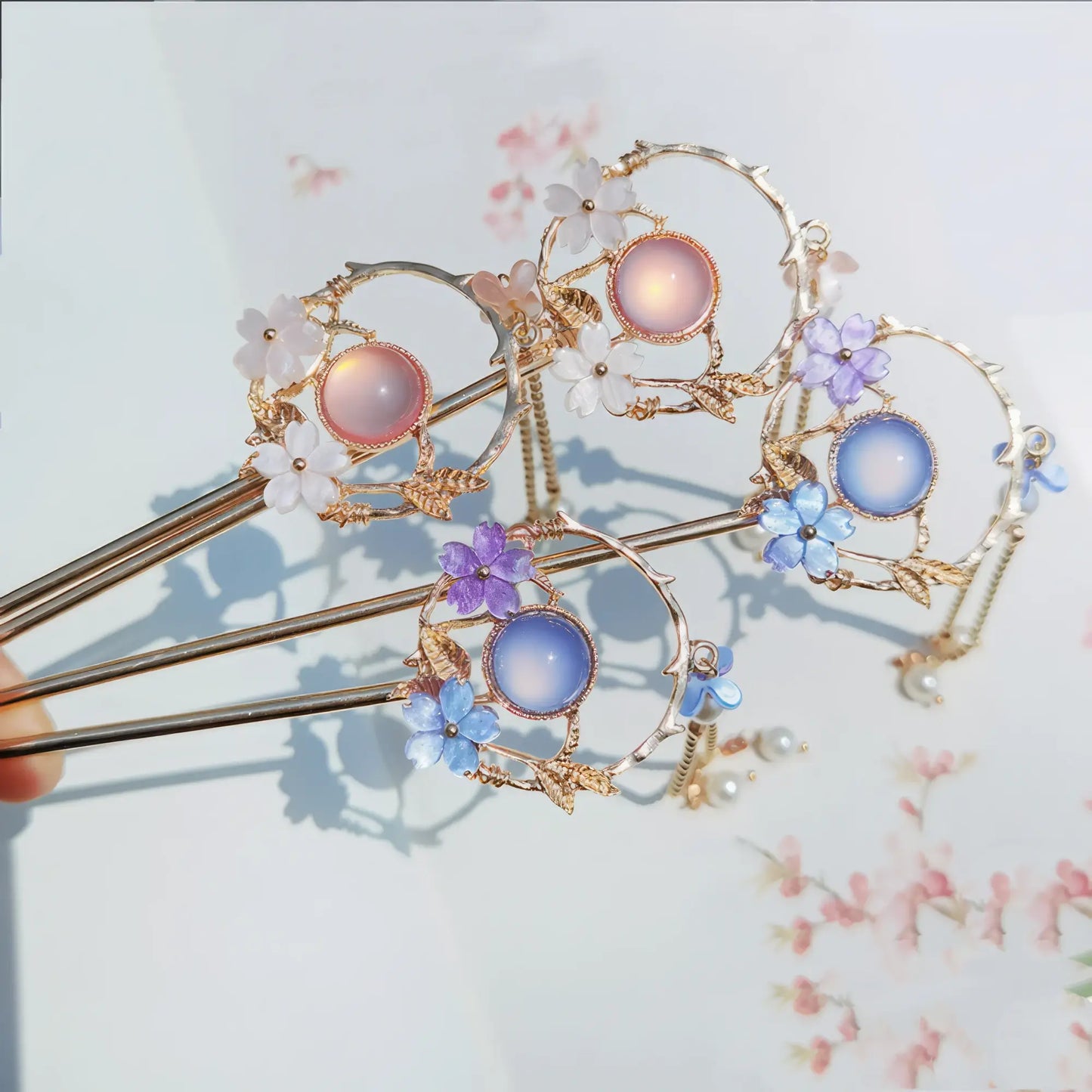 Set of Magic Forest hairpins with various gems and gold chains