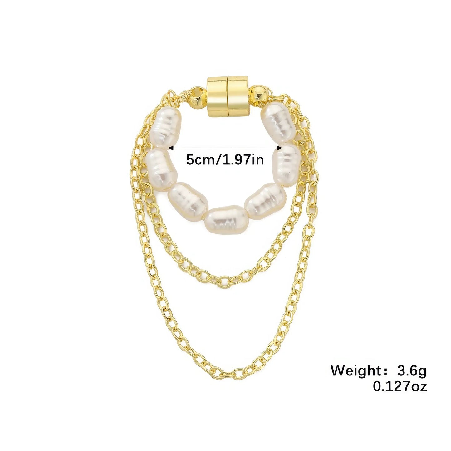 Magnetic pearl tassel ear cuff with pearl chain, size 5cm, weight 3.6g, isolated on white