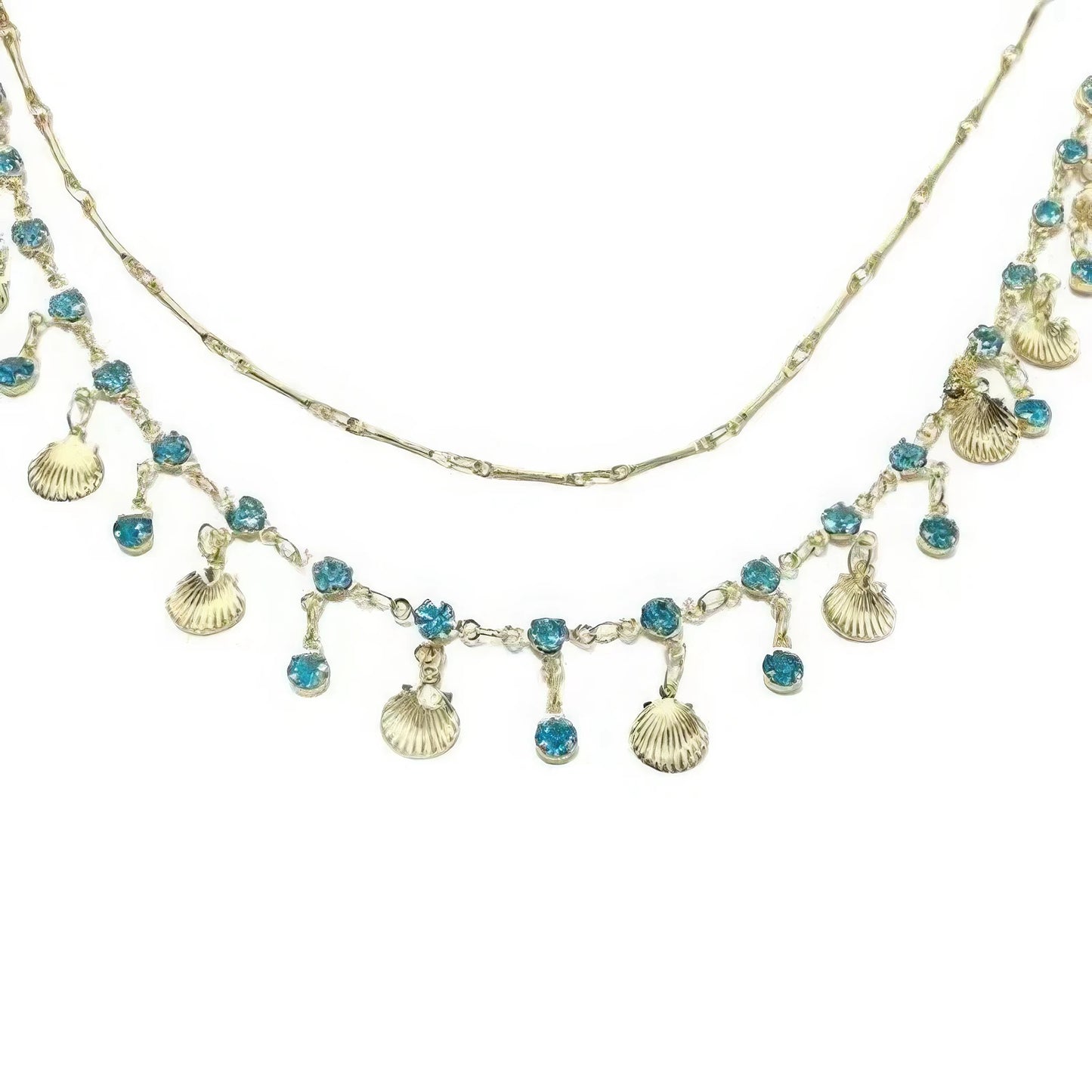 Mermaid princess necklace, isolated on white background, emphasizing the detailed design with blue beads and shell pendants