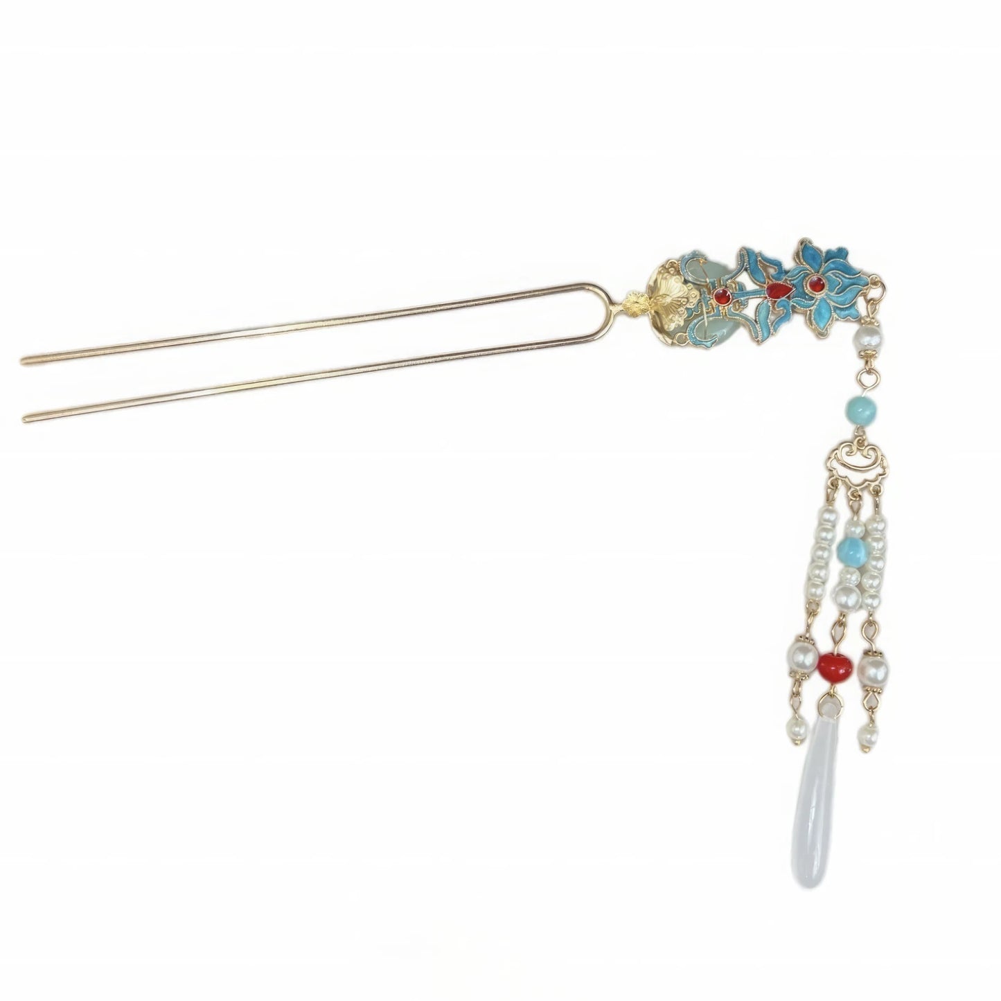 Single gold peace buckle enamel hair pin with blue and white decor, isolated on white background