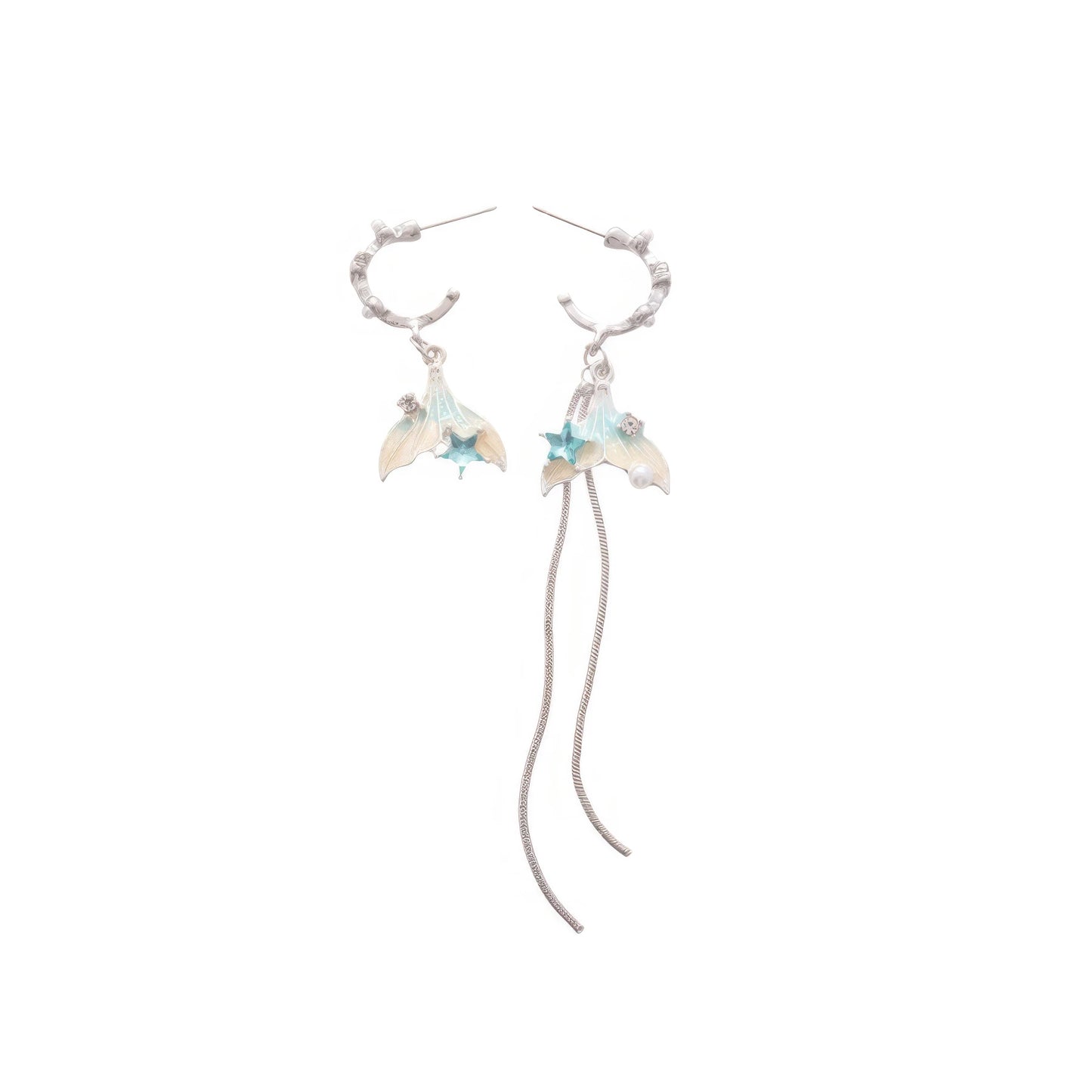 Pearl fish tail tassel earrings, silver - tone, isolated on white background
