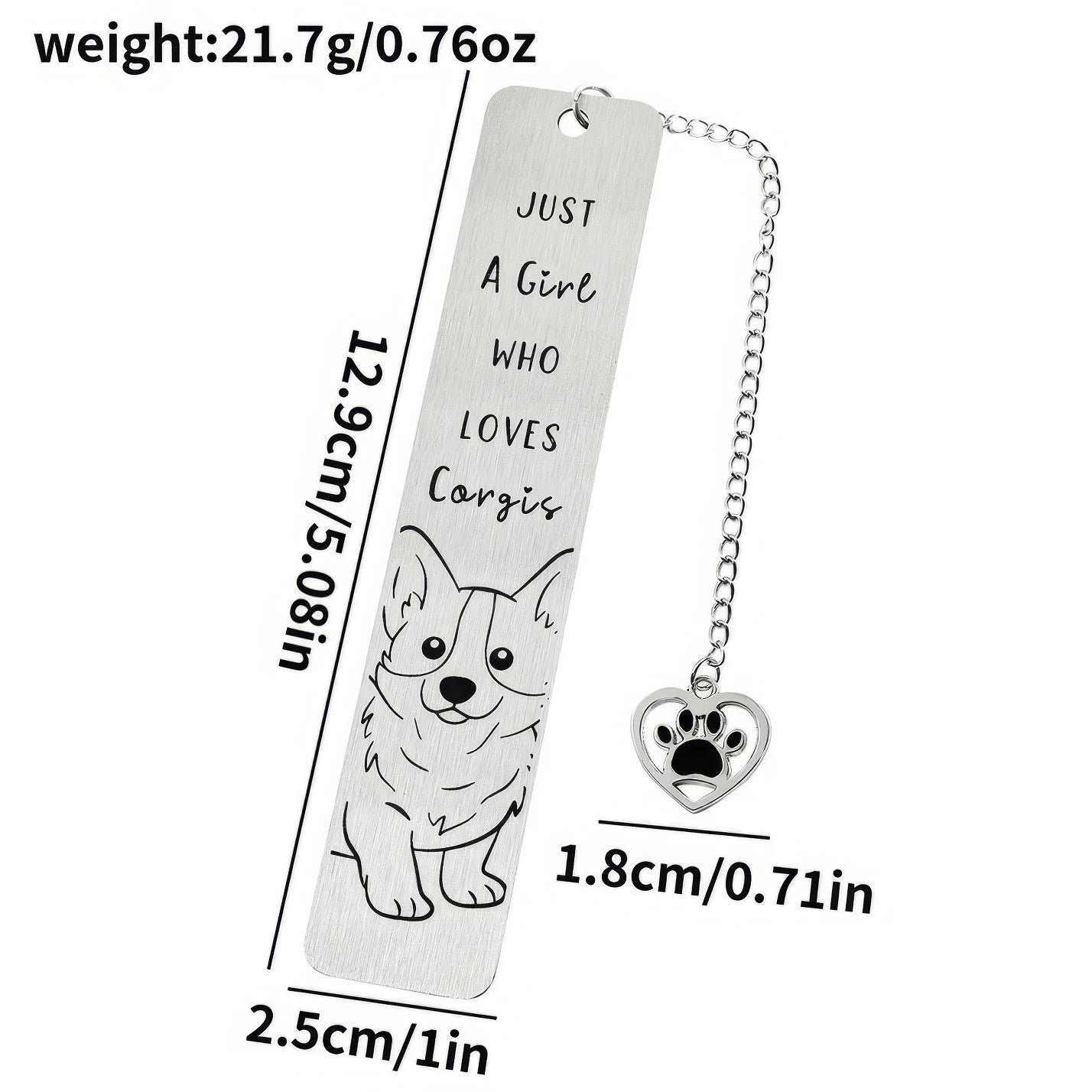 Single pet dog bookmark with charm, isolated on white background, showing design and specs
