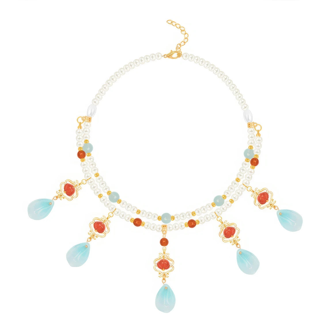 Red cotton necklace with pearls and blue beads, isolated on white background