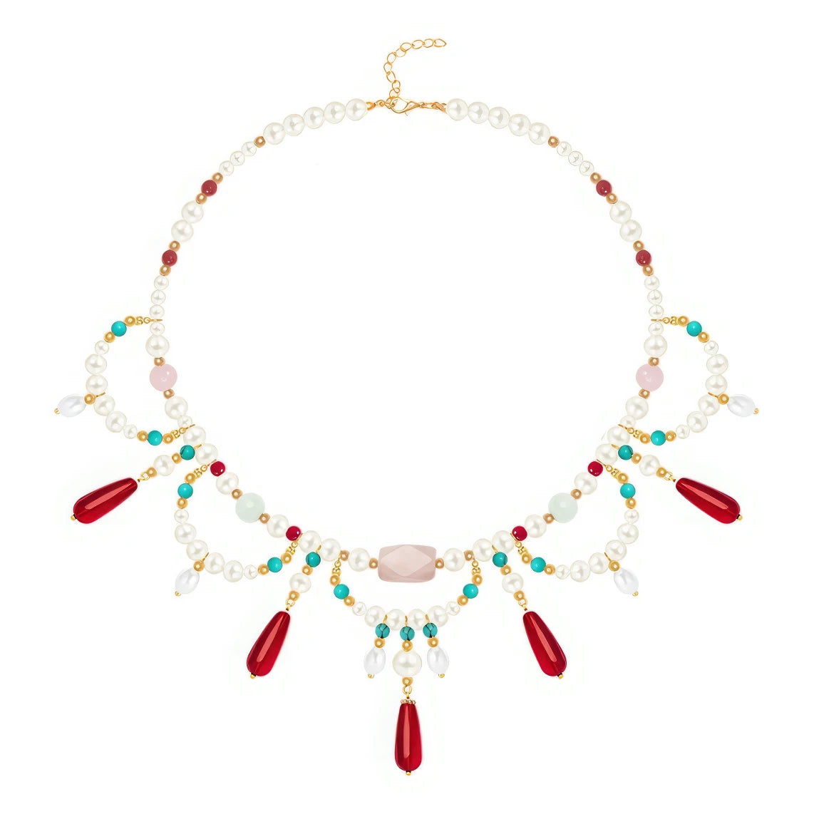 Red crystal water drop necklace with pearls and colorful beads, isolated on white background