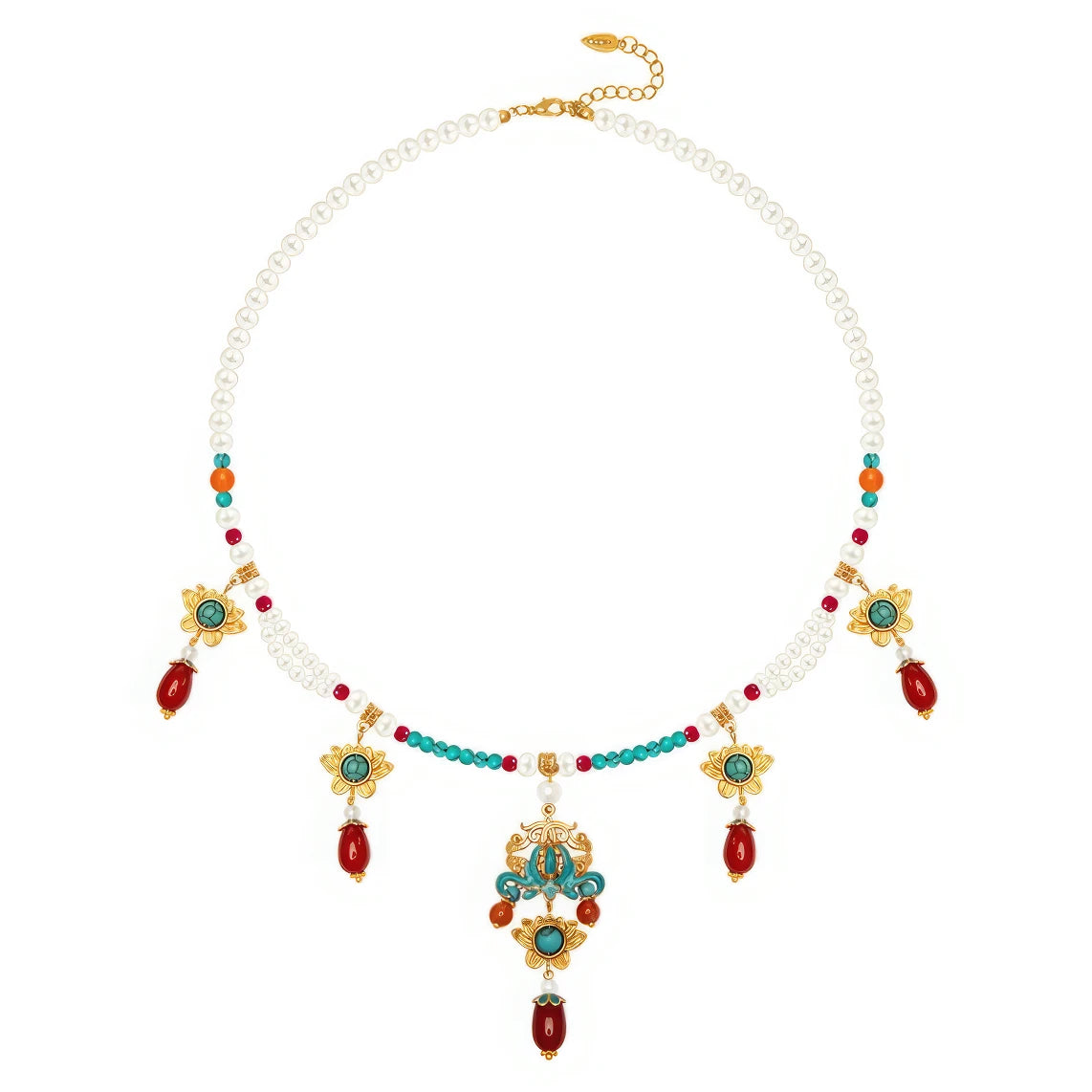 Red water drop lotus necklace with pearls, turquoise and gold details, isolated on white background
