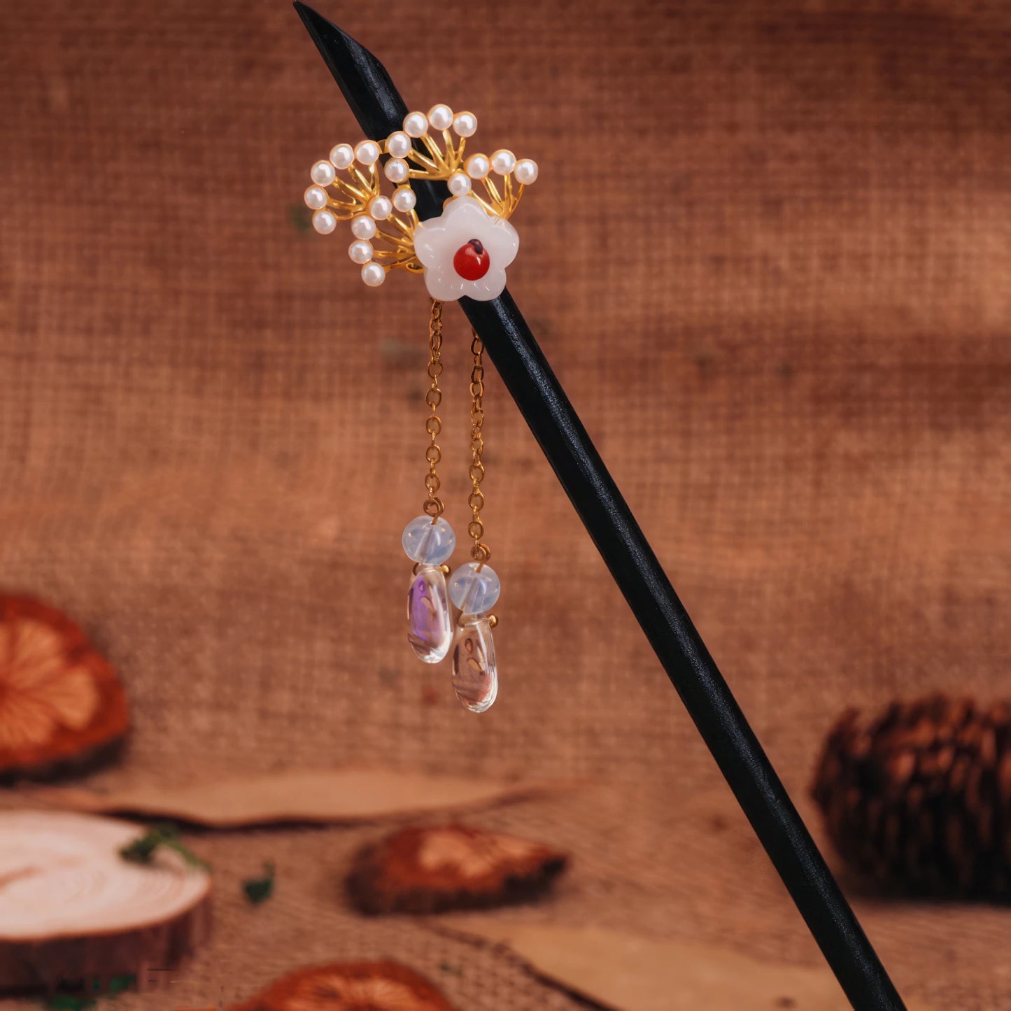 Relief cherry blossom hairpin 9, white flower, multi - color bead tassel, burlap background