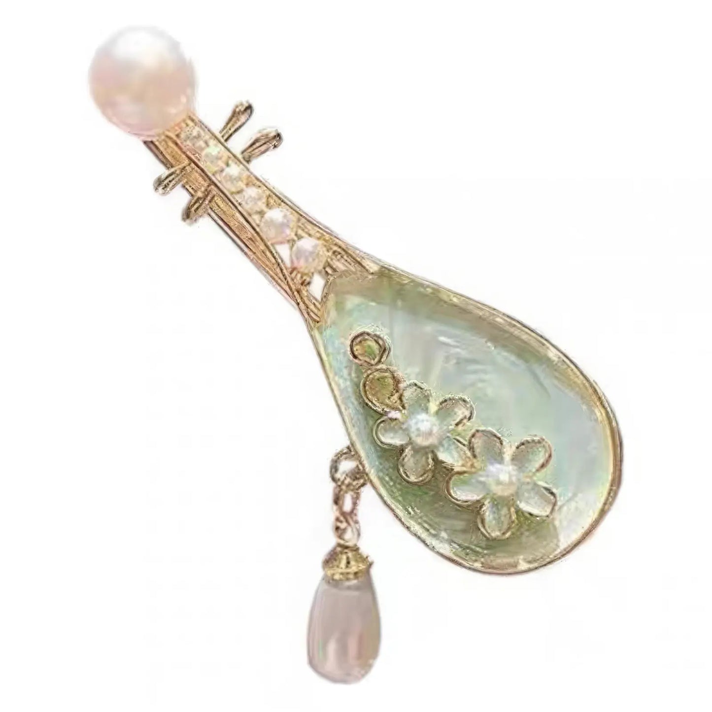 Rose pipa hair clip isolated on white, green enamel with floral design and pearl drop