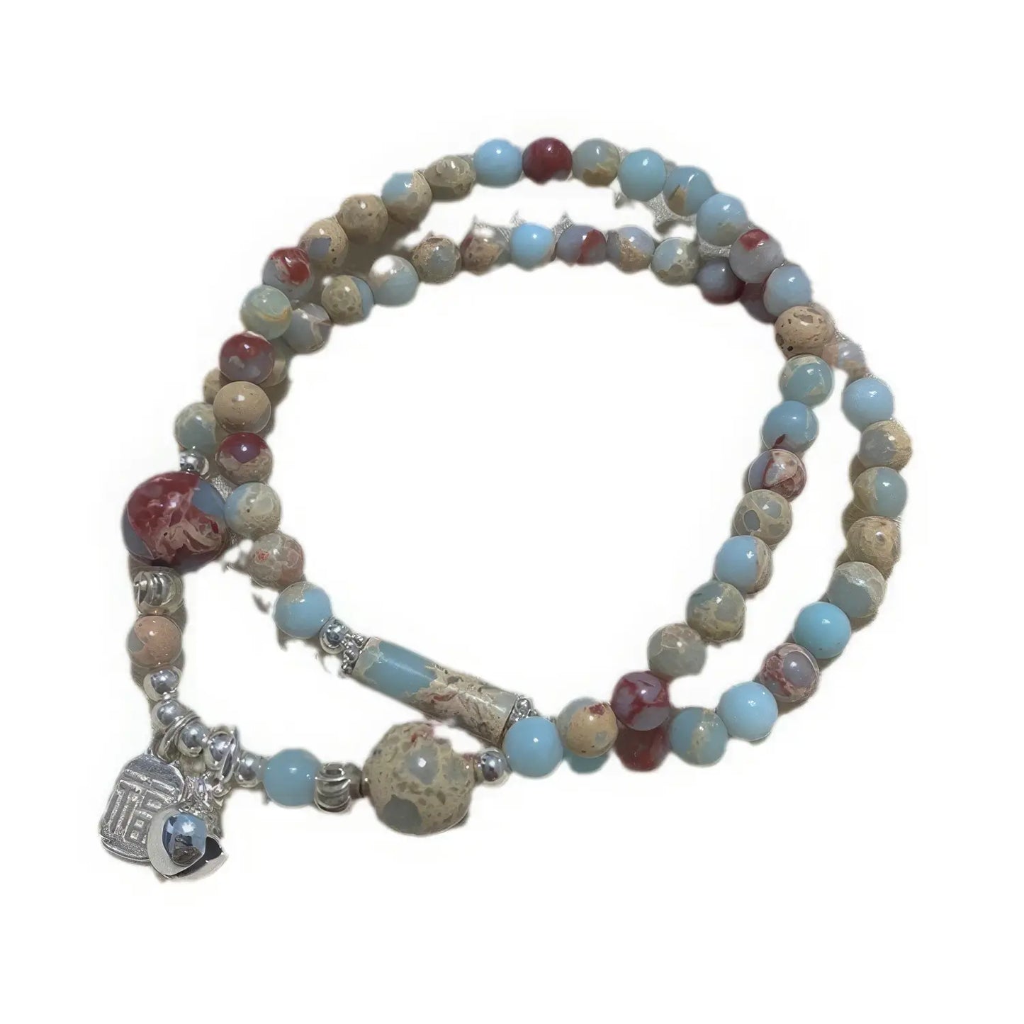 Pair of Shoushan stone beaded bracelets on white background