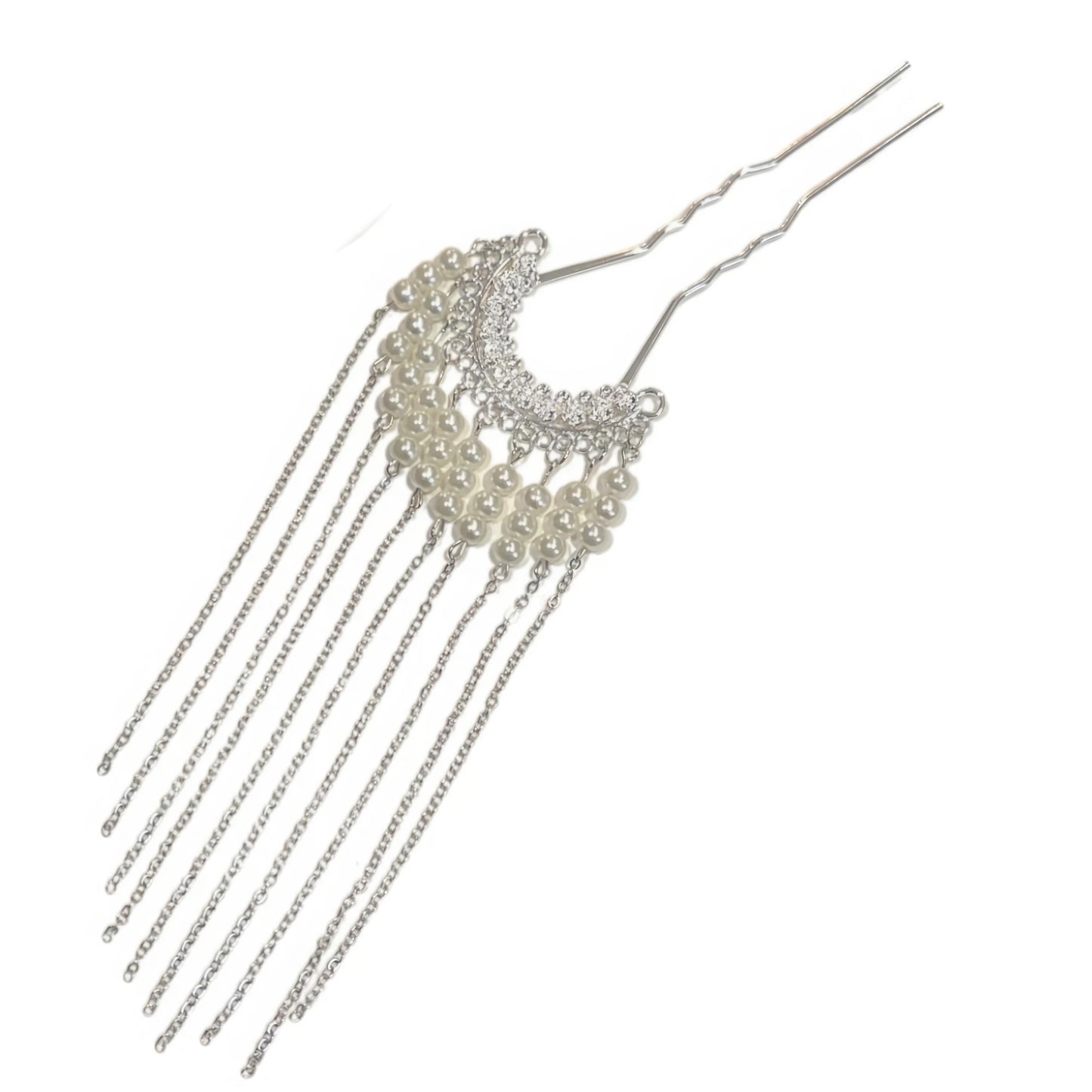 Single silver beaded tassel U-hairpin, showcasing long chain fringe design