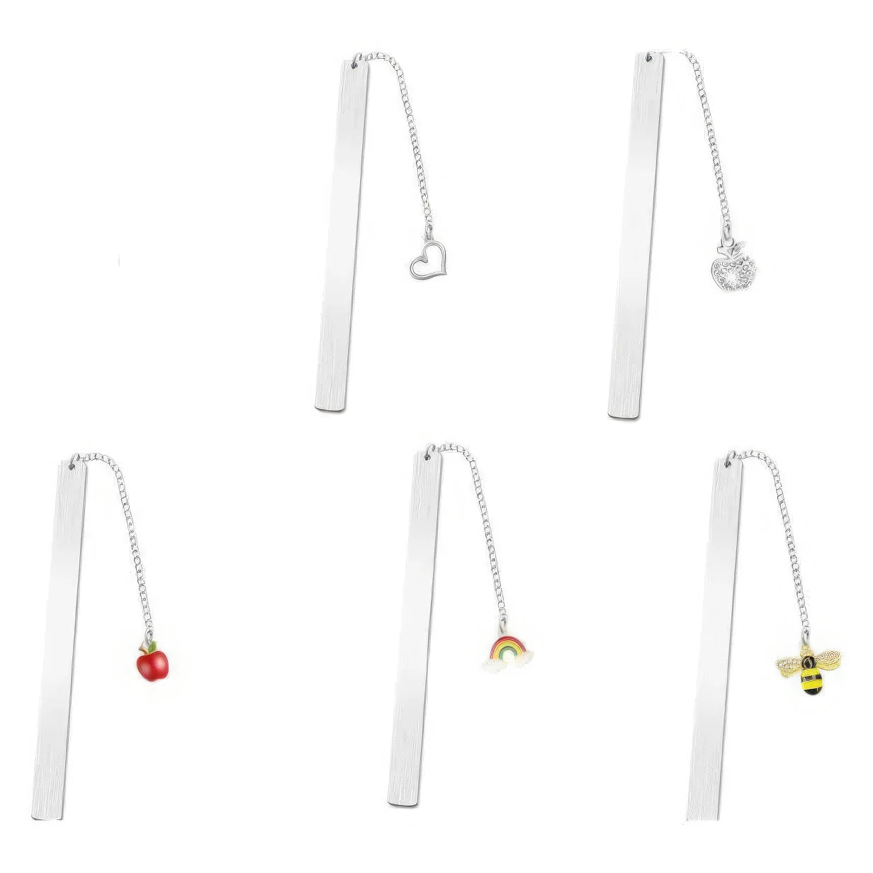 Set of stainless steel metal bookmarks with fruit charms, isolated on white