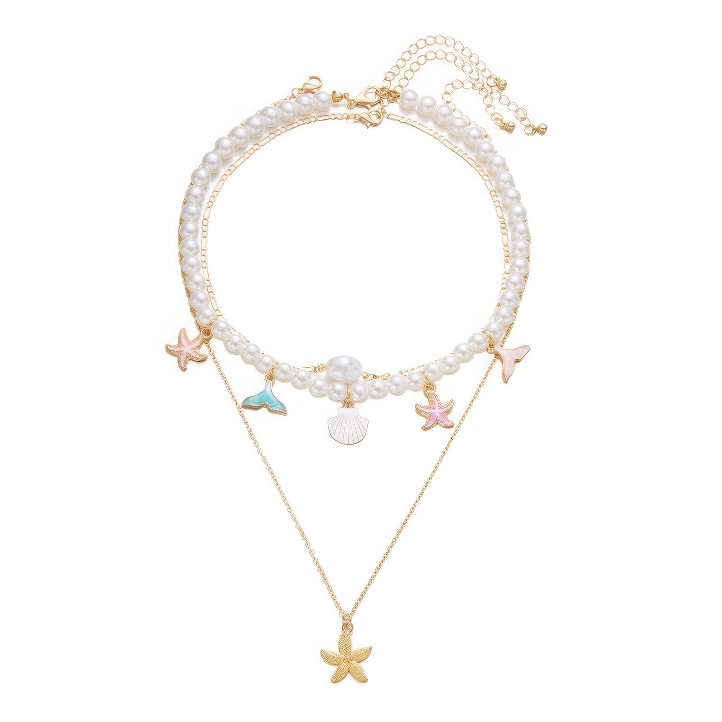 Starfish pearl necklace 3 - piece set isolated on white background, clear details