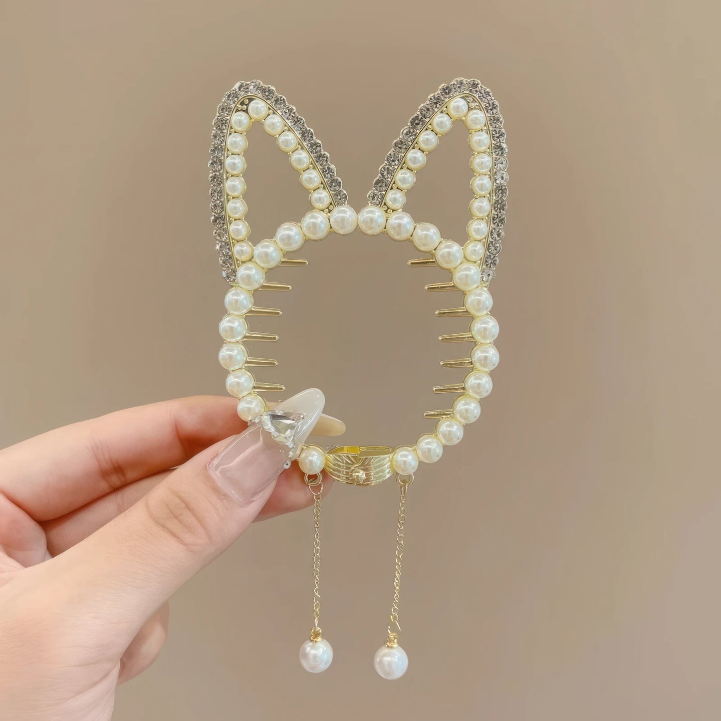 Updo clip in cat - ear shape with pearl and rhinestone details