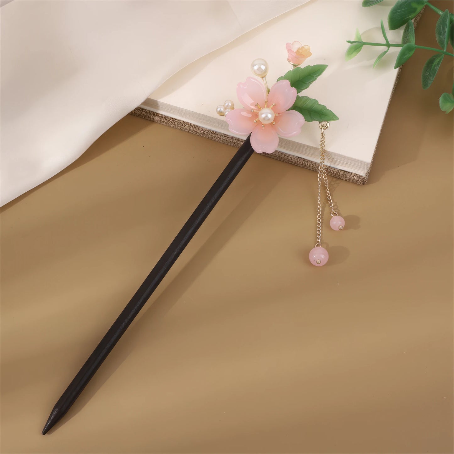 Pink flower with pearl dangle on Xijiangyue hairpin