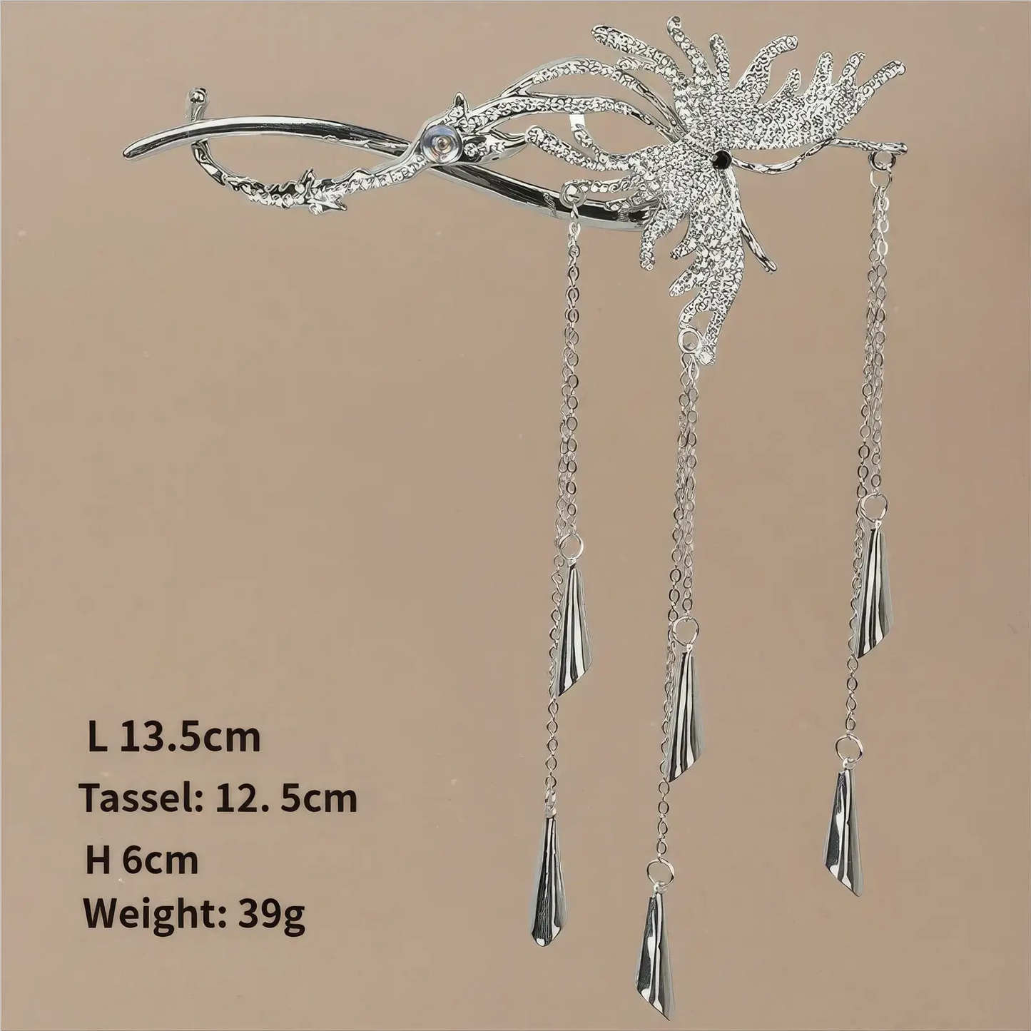 Dimension chart of the butterfly twist clip, with length 13.5cm, tassel 12.5cm, height 6cm, weight 39g, clearly showing product specs.