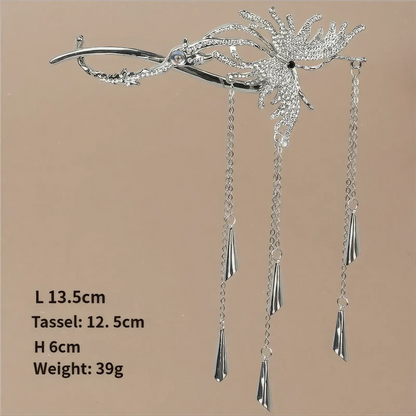 Dimension chart of the butterfly twist clip, with length 13.5cm, tassel 12.5cm, height 6cm, weight 39g, clearly showing product specs.