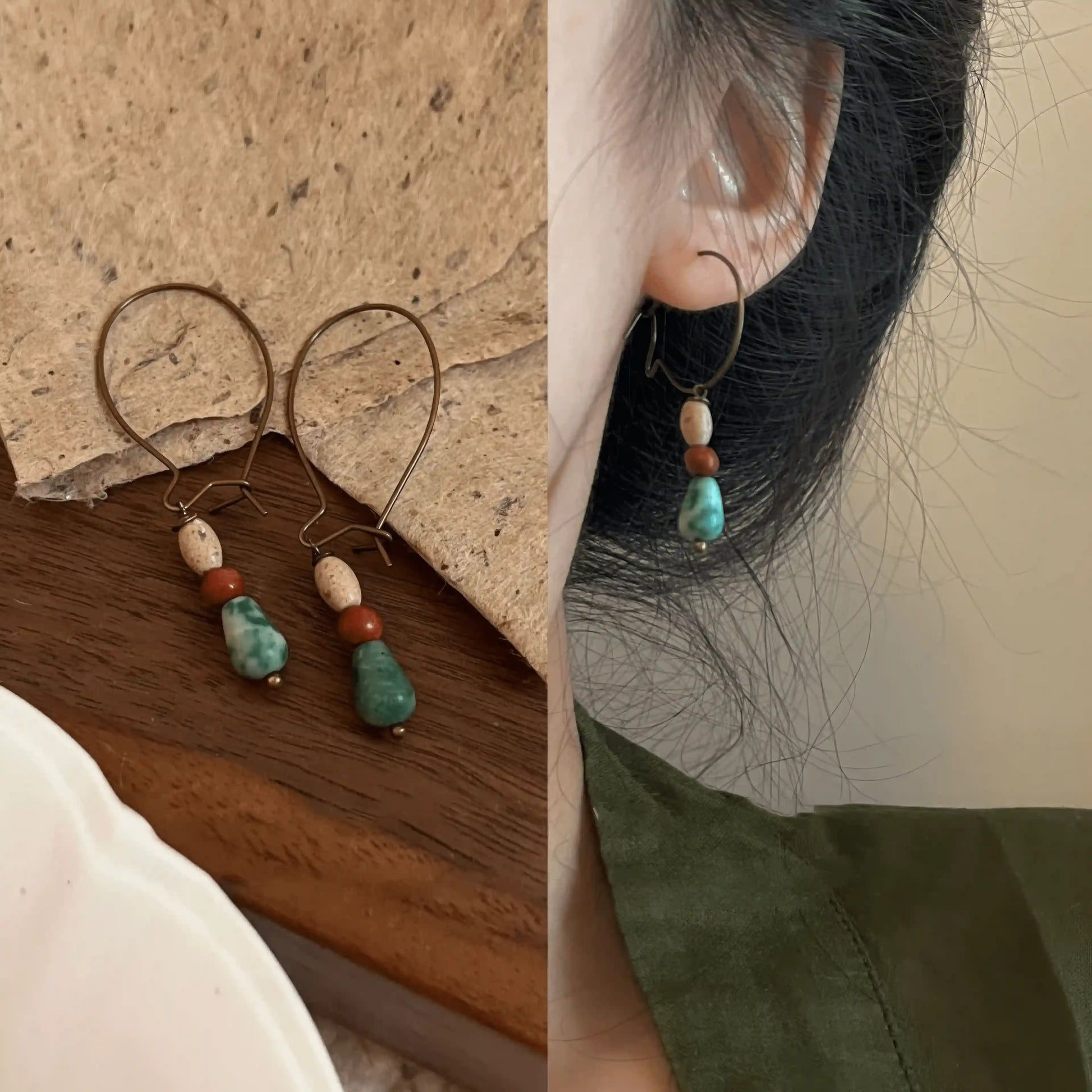 Agate picture stone pendant earrings displayed on a surface and worn, highlighting the natural and elegant appearance.