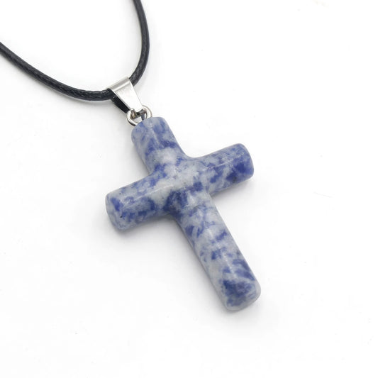 Agate semi - precious stone cross pendant with a blue - white patterned agate, on a black cord.