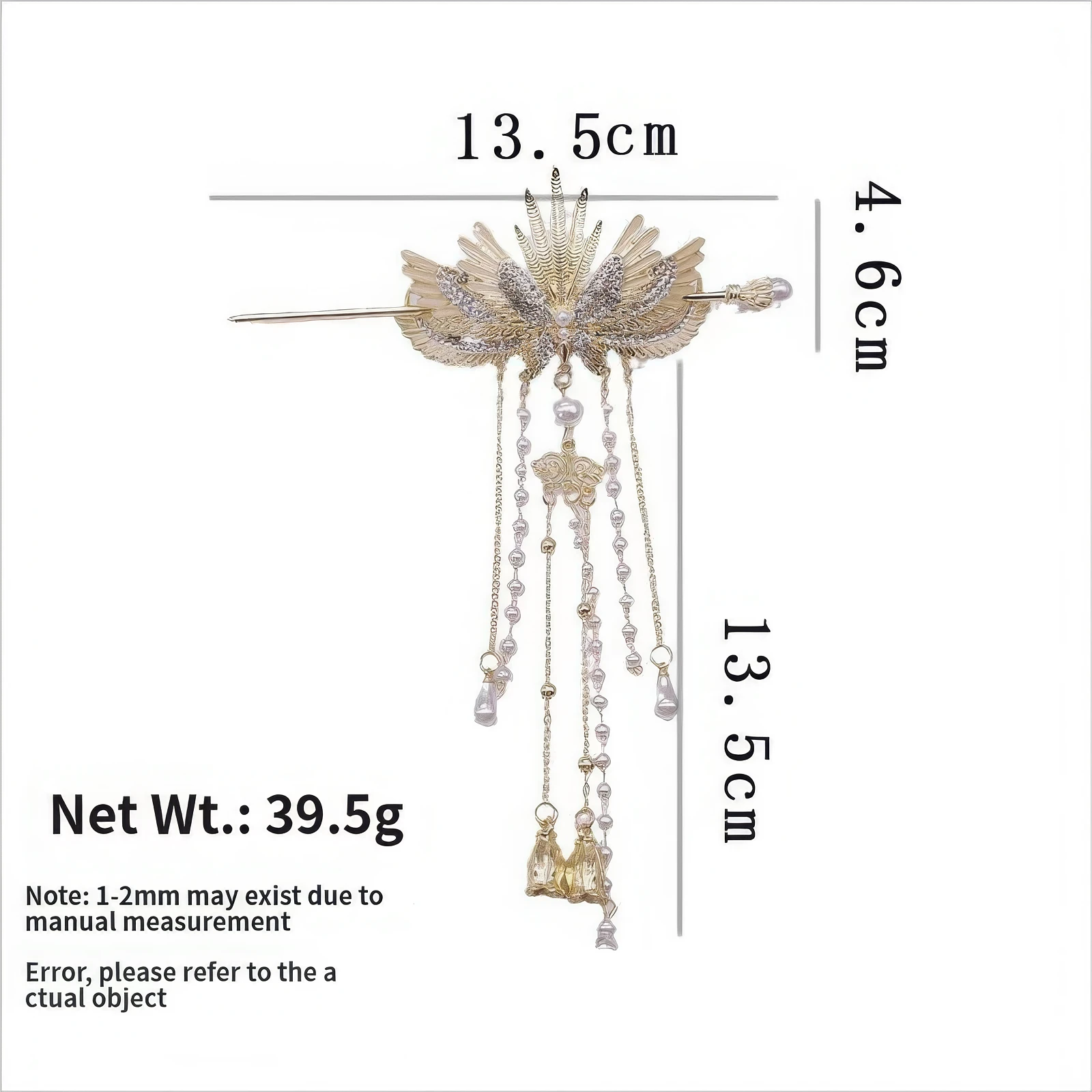 Dimension diagram of golden angel wing hairpin: total length 13.5cm, height 4.6cm, net weight 39.5g, marked with detailed size notes for reference.