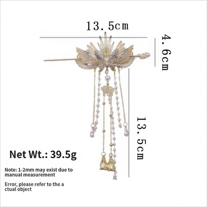 Dimension diagram of golden angel wing hairpin: total length 13.5cm, height 4.6cm, net weight 39.5g, marked with detailed size notes for reference.