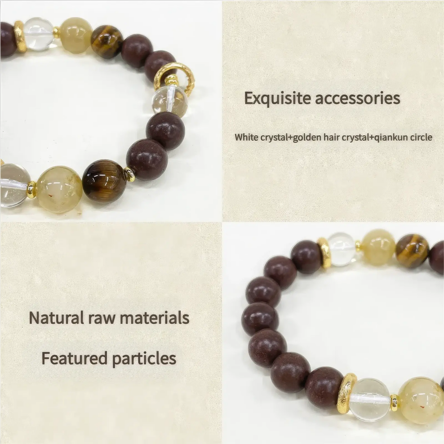 Astragalus formula medicinal incense bead bracelet with text highlighting exquisite accessories, natural raw materials, and featured particles.