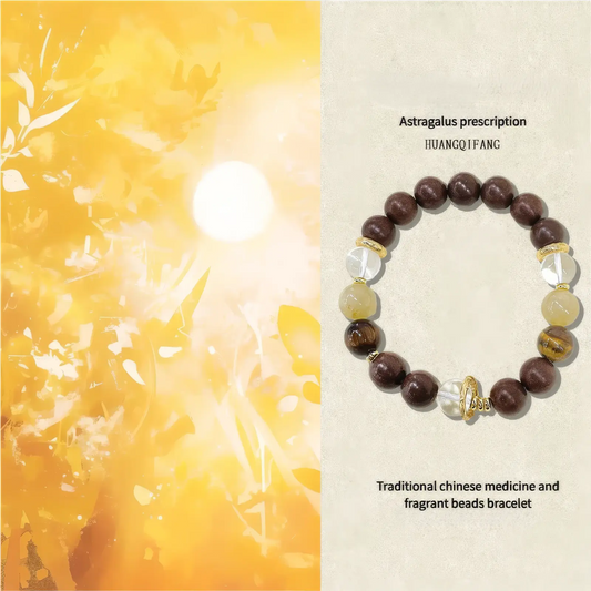 Astragalus formula medicinal incense bead bracelet displayed with a warm, sunlit background and descriptive text.