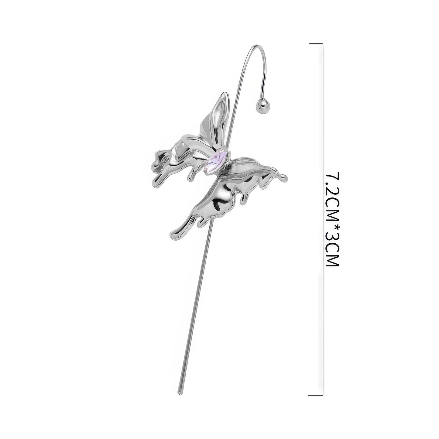 Silver butterfly ear cuff with size measurement, isolated on white background.
