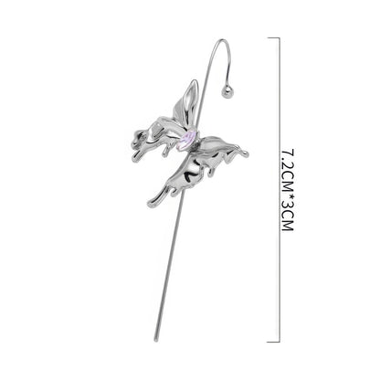 Silver butterfly ear cuff with size measurement, isolated on white background.
