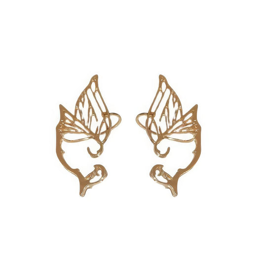  Pair of gold butterfly fairy ear cuffs isolated on white background.