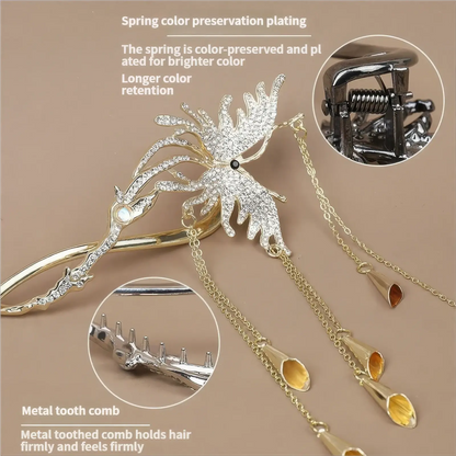 Close-up shot of the butterfly hair clip highlighting the anti-slip metal comb teeth and durable spring mechanism, with plating details noted.