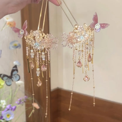 Matching pair of pink butterfly floral hairpins, ornate rhinestone flower core and varying length beaded tassels.