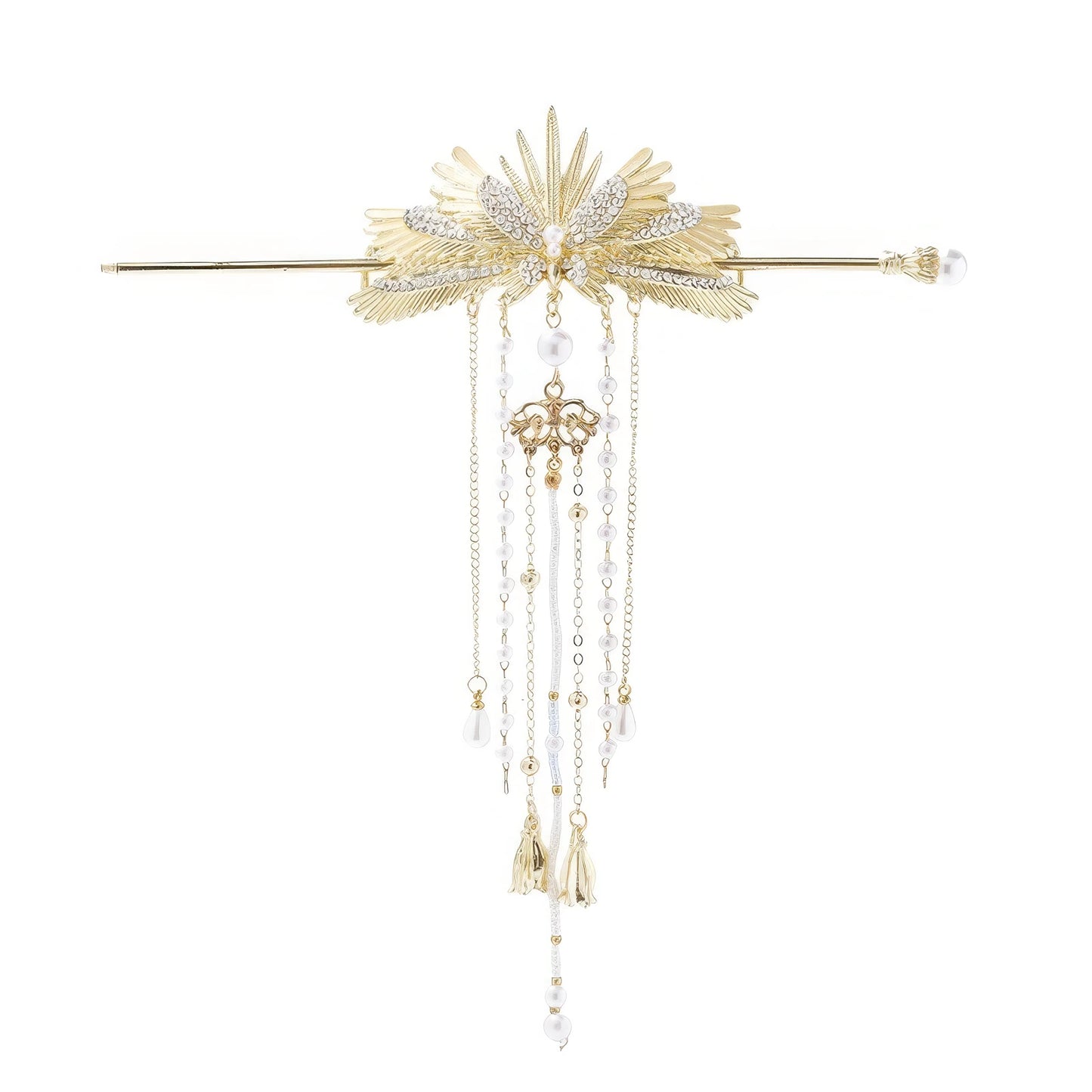 Full view of golden angel wing hairpin with multi-layer pearl tassels, symmetrical wing design and ornate metal details on white background.