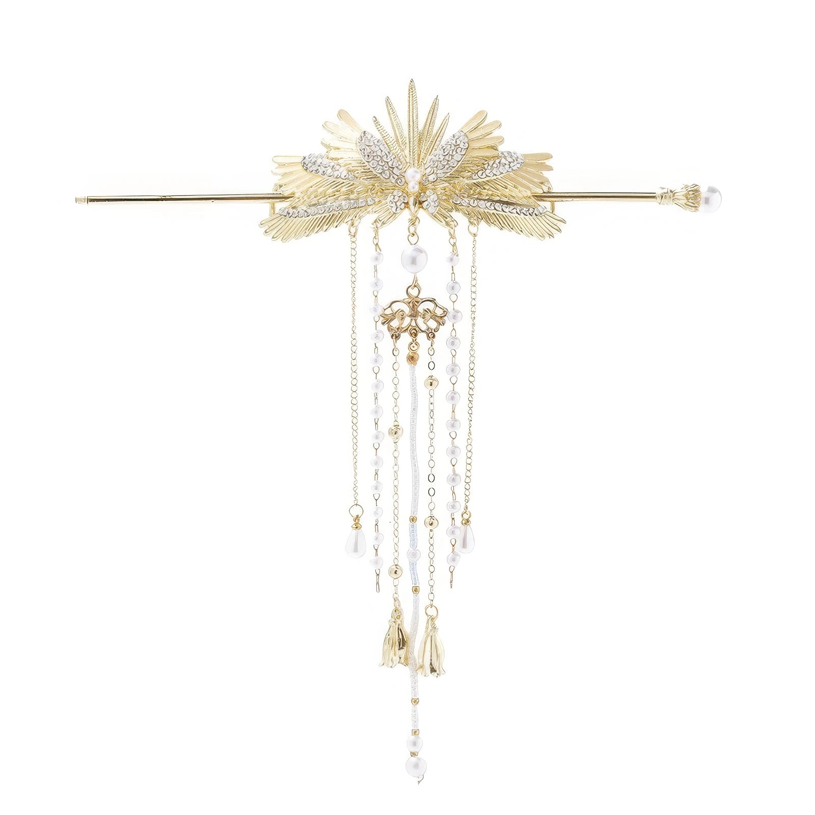 Full view of golden angel wing hairpin with multi-layer pearl tassels, symmetrical wing design and ornate metal details on white background.