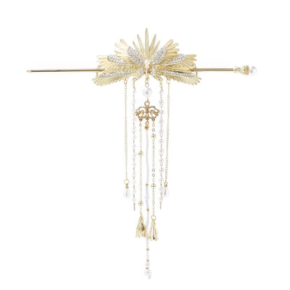 Full view of golden angel wing hairpin with multi-layer pearl tassels, symmetrical wing design and ornate metal details on white background.