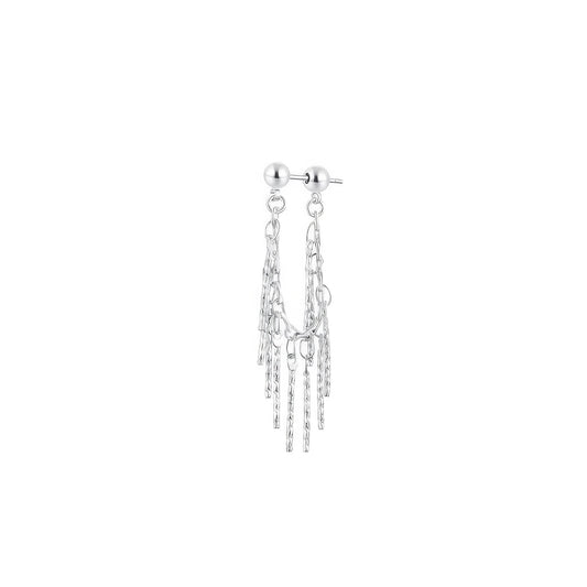 Pair of silver chain - tassel U - shaped earrings, isolated on black background, emphasizing the intricate chain - tassel structure.