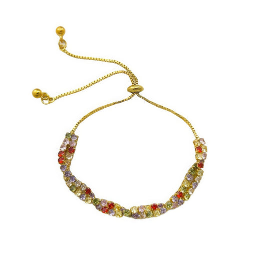 Colorful zircon twisted bracelet featuring an adjustable knot, isolated on white background.