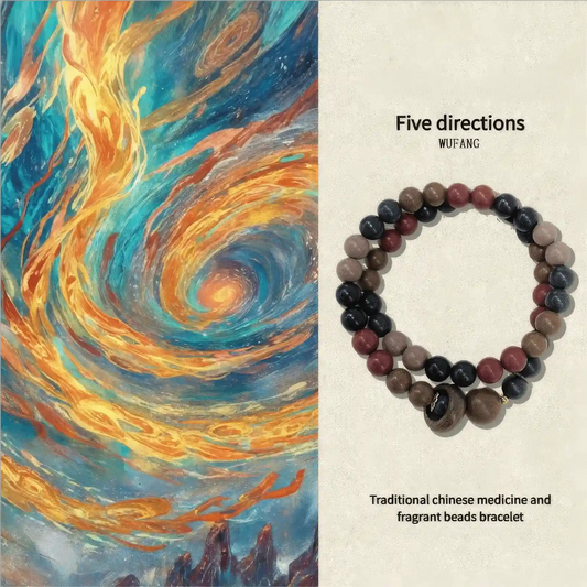 Five - direction natural incense bead double - loop bracelet displayed against a colorful, swirling background with the label "Five directions".