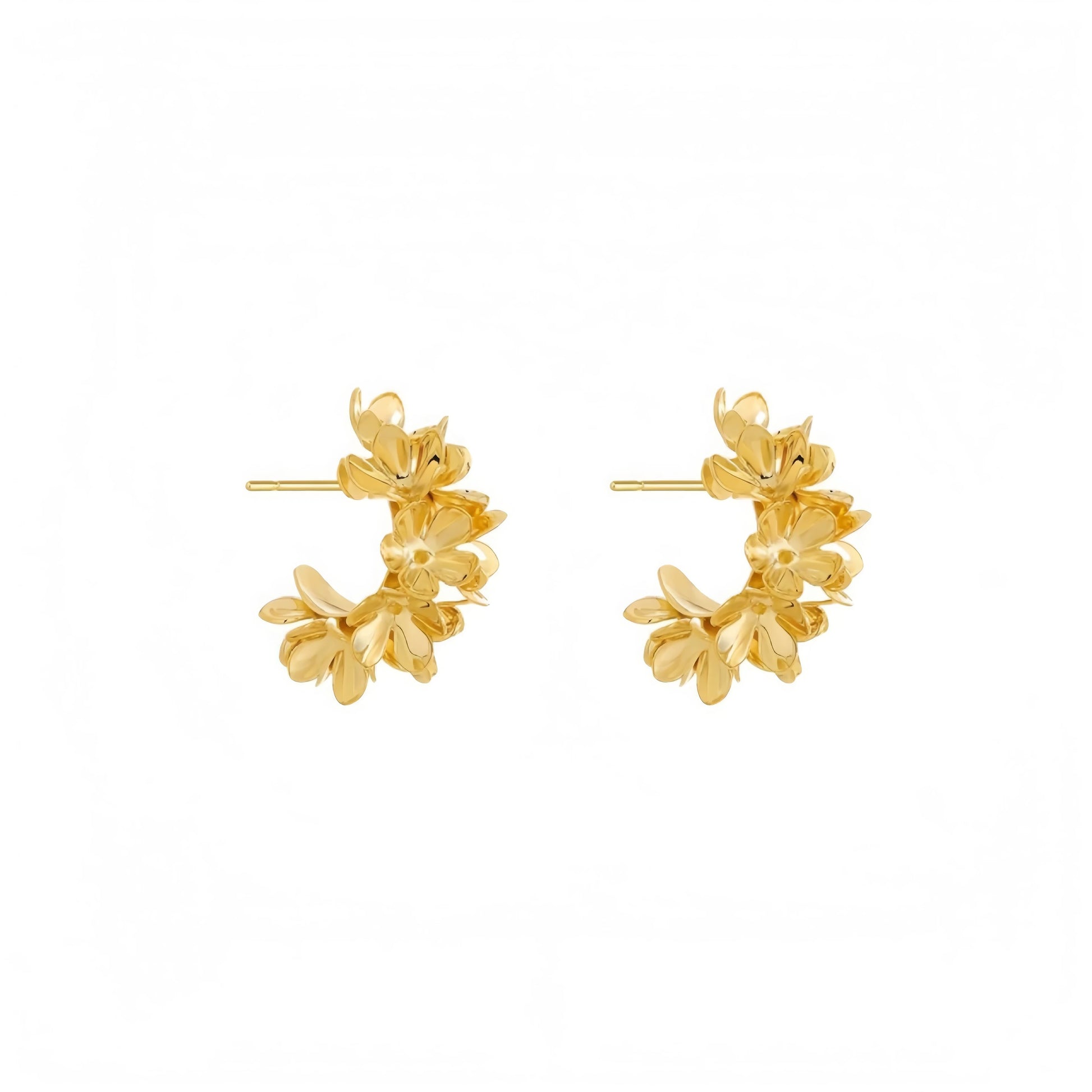  Pair of gold floral curved earrings, isolated on white background, showcasing the delicate, flower - clustered design