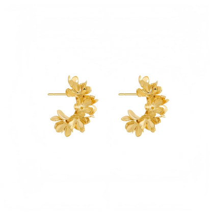  Pair of gold floral curved earrings, isolated on white background, showcasing the delicate, flower - clustered design
