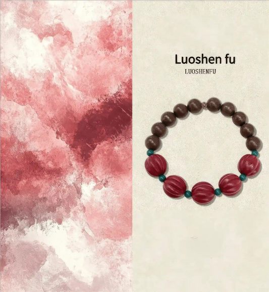 Flower - core pumpkin bead bracelet shown against a pink - toned artistic background, labeled "Luoshen fu".