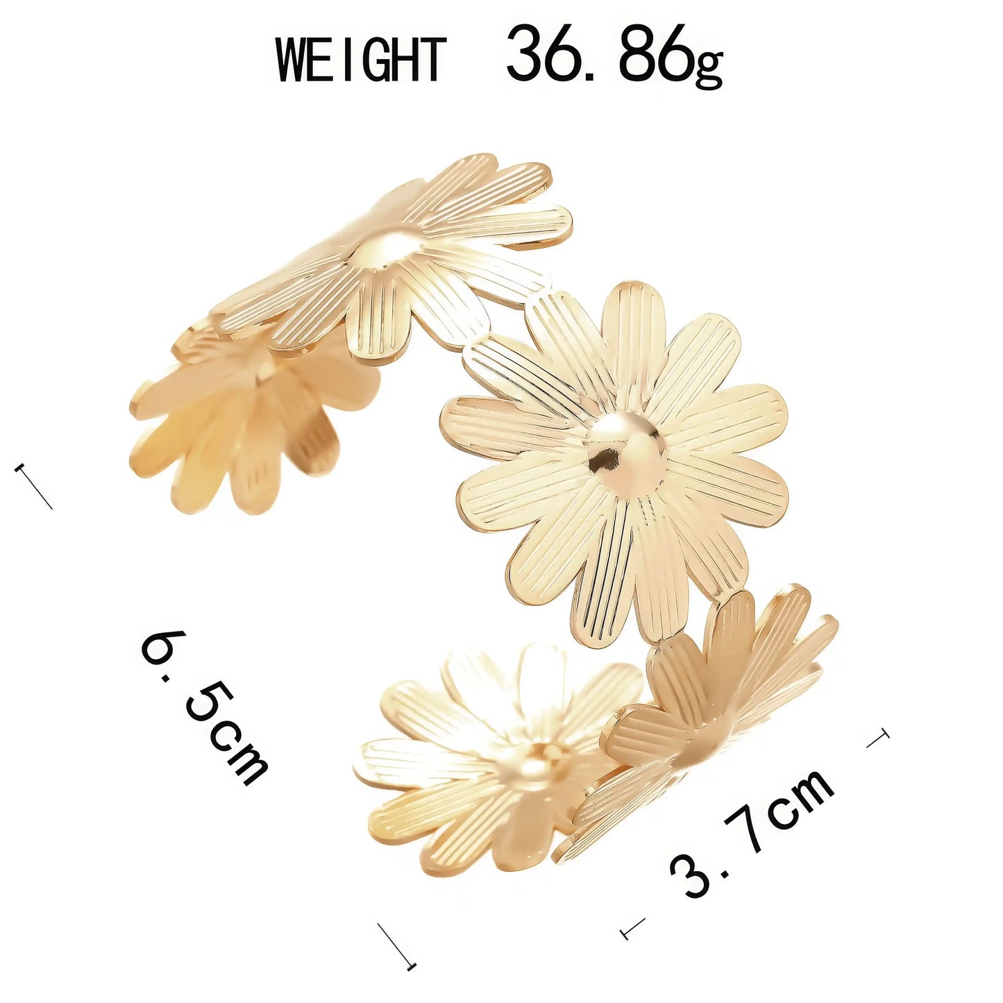 Gold - toned floral metal cuff bracelet, with size and weight details.
