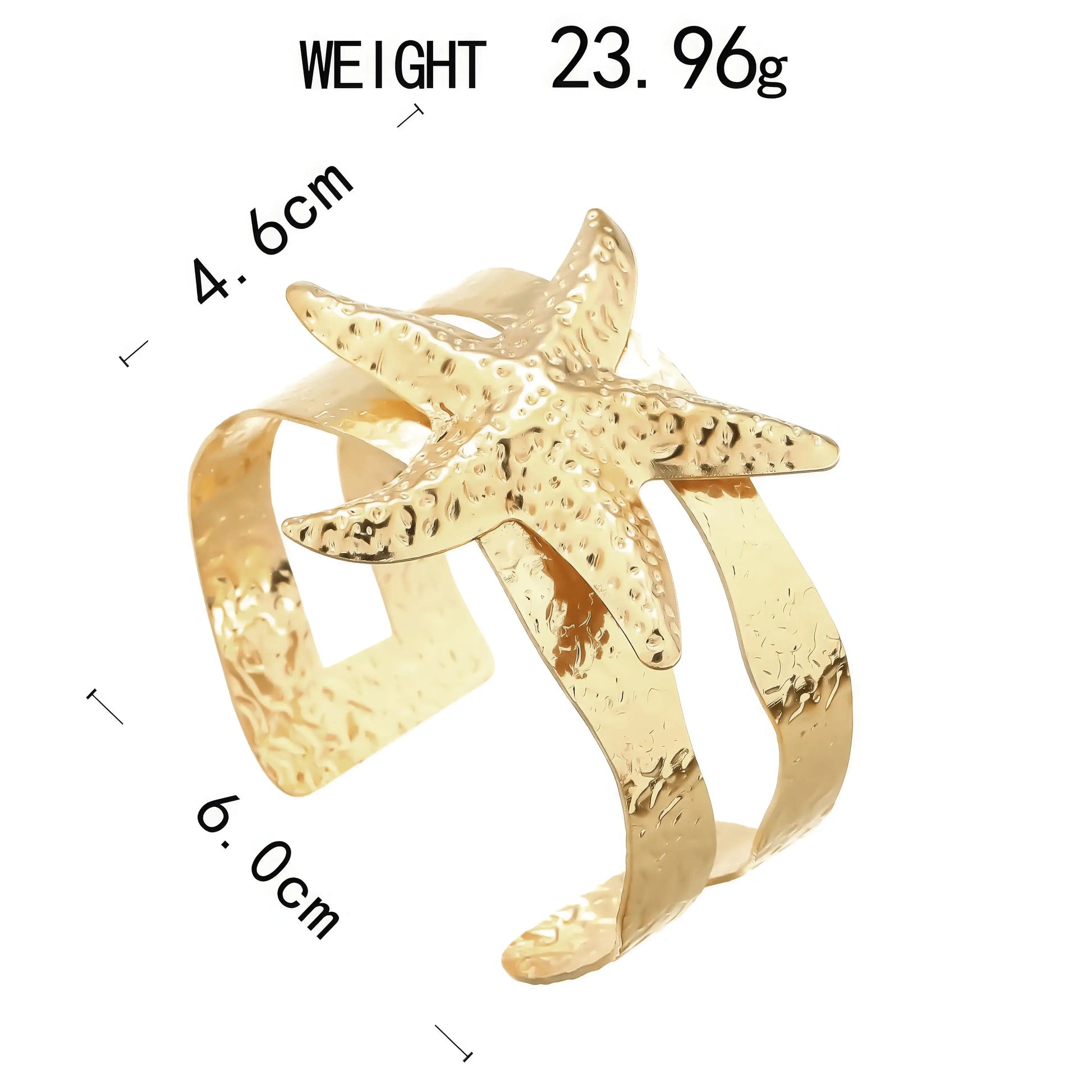 Gold - toned starfish metal cuff bracelet, with size and weight details.