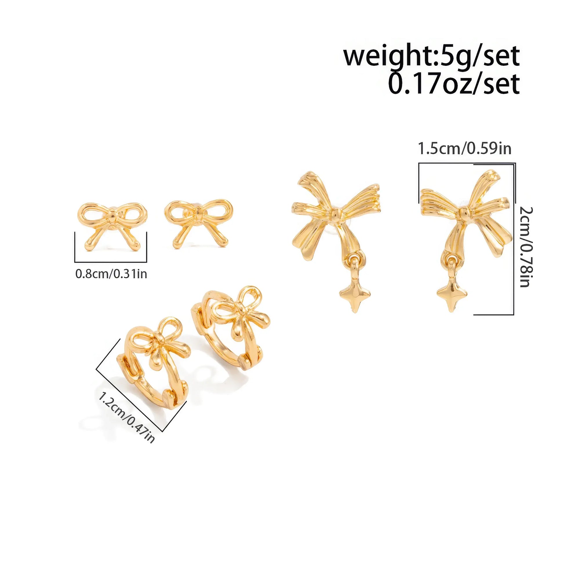 Set of gold bow tie stud earrings with size information and weight "5g/set (0.17oz/set)" on white background.