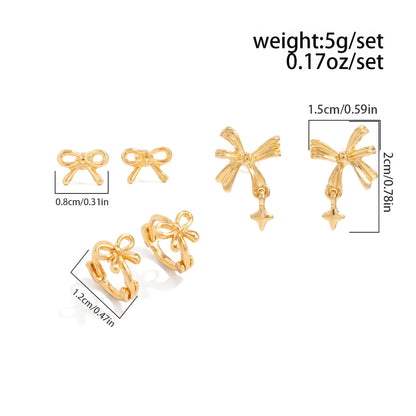 Set of gold bow tie stud earrings with size information and weight "5g/set (0.17oz/set)" on white background.